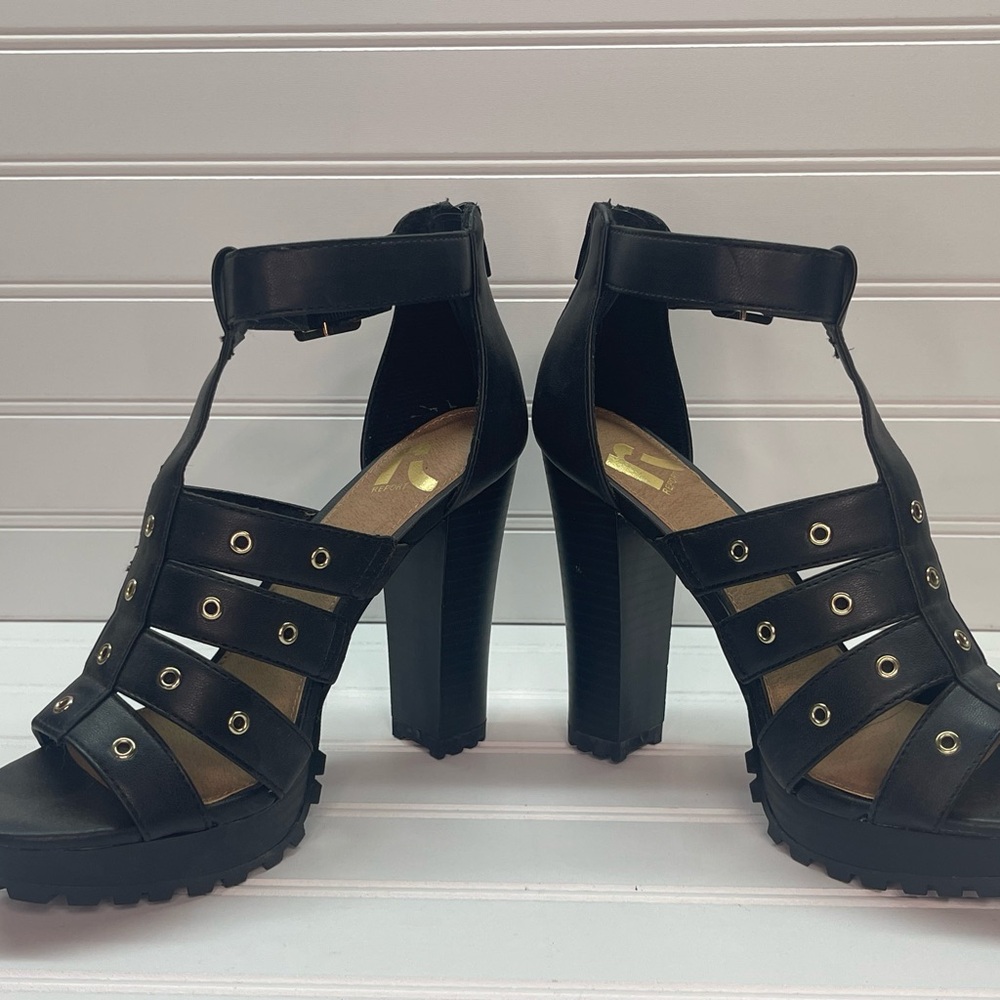 Report Black Gladiator Heels with Chunky Block Heel